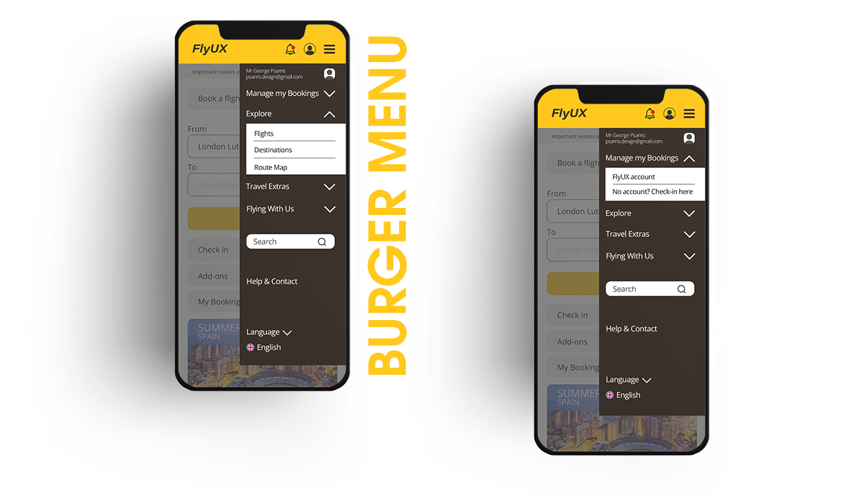 FlyUX app Burger menu